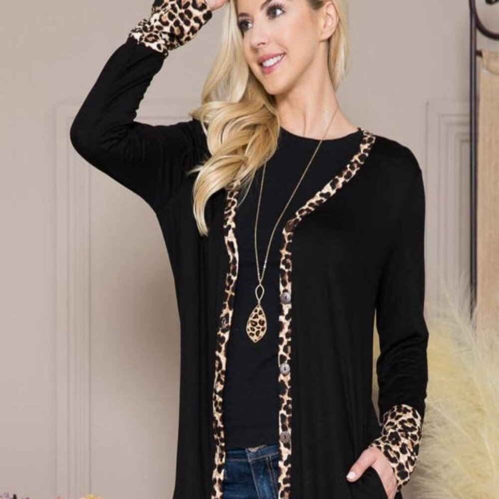 Solid Button-Down Leopard Cardigan